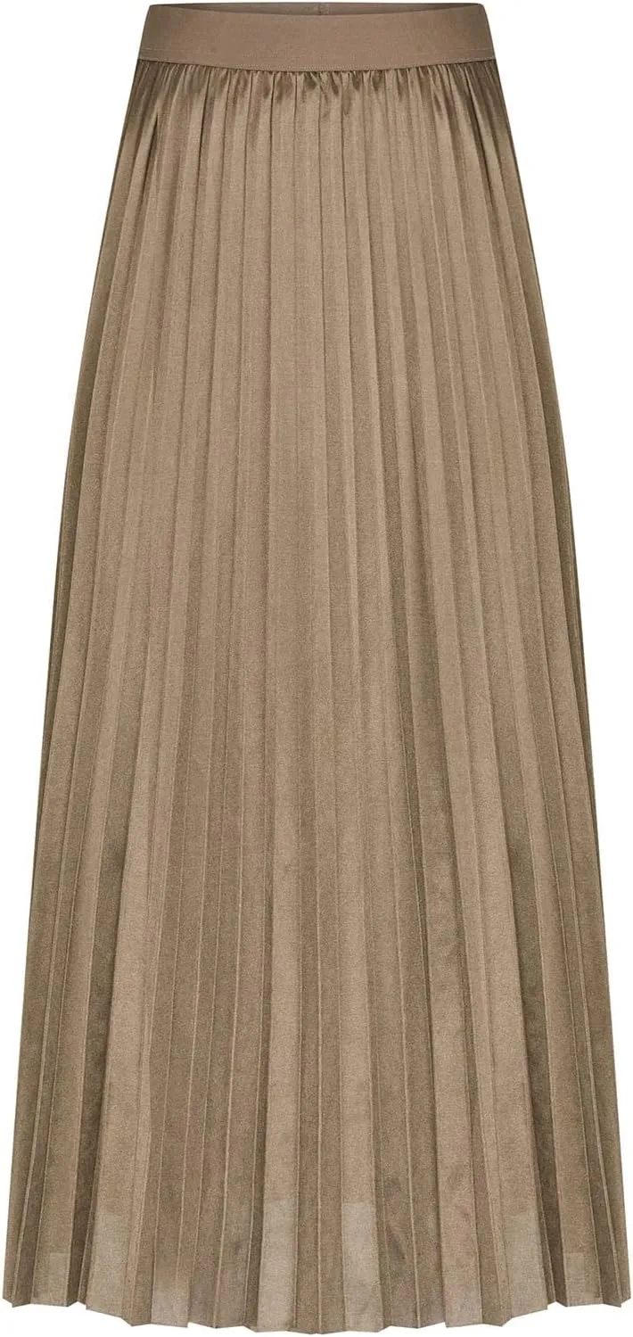 Women Satin Pleated Midi Skirts Elastic High Waisted Plus Size Boho Skirt Elegant Stretch A Line Long Dress