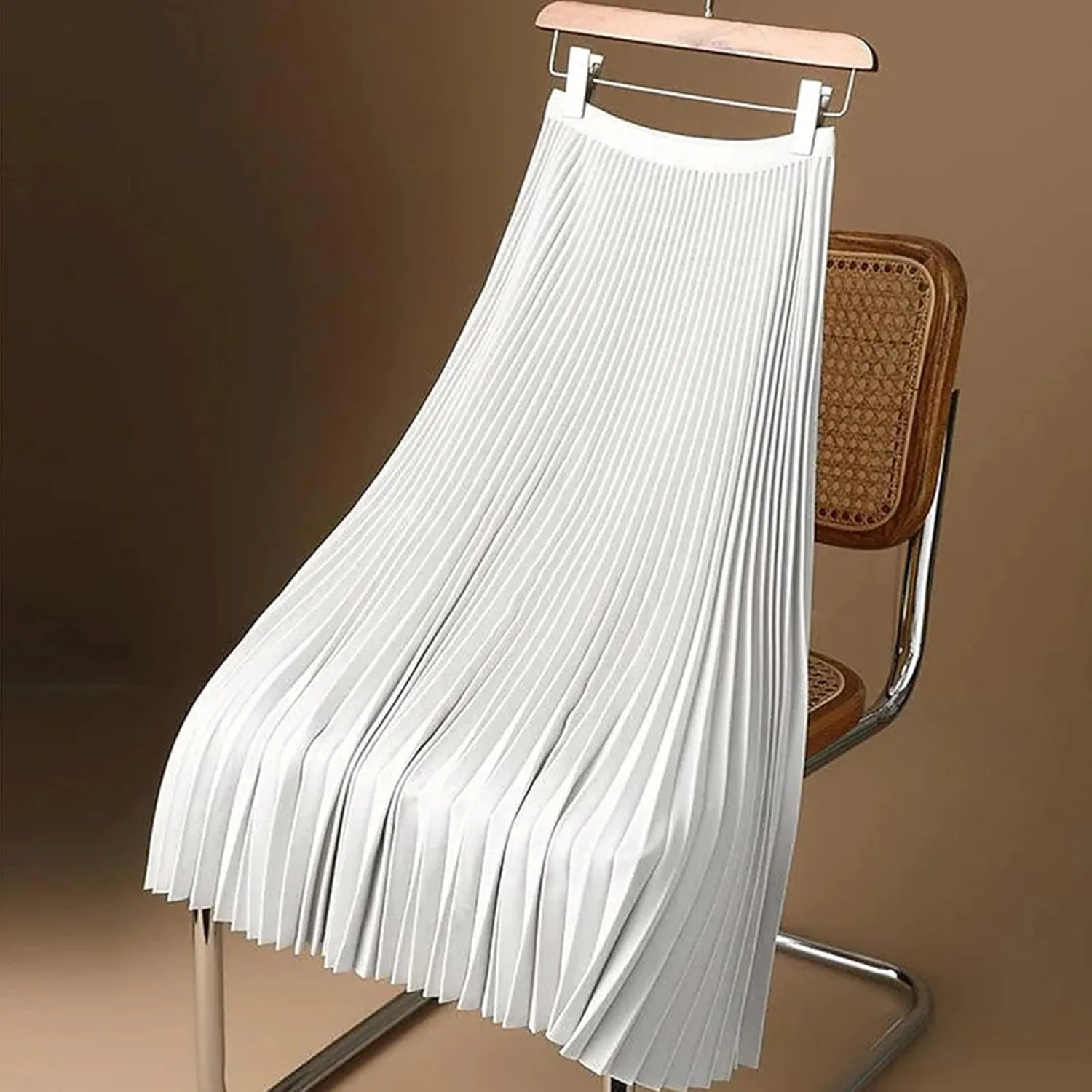 Women Satin Pleated Midi Skirts Elastic High Waisted Plus Size Boho Skirt Elegant Stretch A Line Long Dress