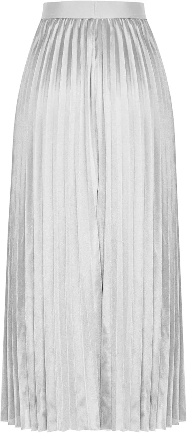 Women Satin Pleated Midi Skirts Elastic High Waisted Plus Size Boho Skirt Elegant Stretch A Line Long Dress