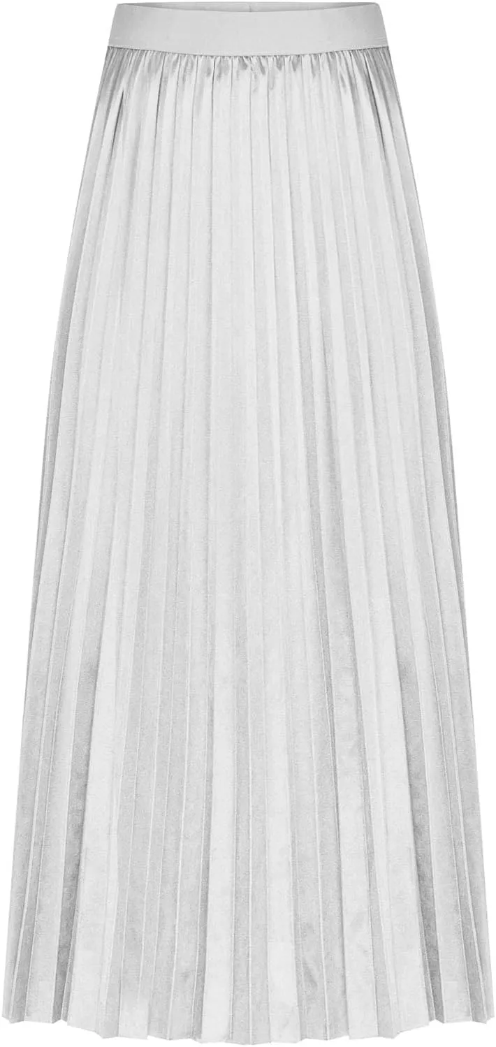 Women Satin Pleated Midi Skirts Elastic High Waisted Plus Size Boho Skirt Elegant Stretch A Line Long Dress