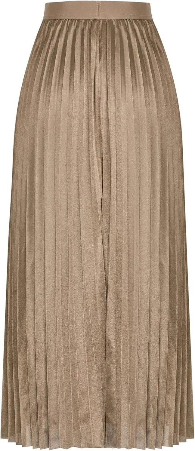 Women Satin Pleated Midi Skirts Elastic High Waisted Plus Size Boho Skirt Elegant Stretch A Line Long Dress