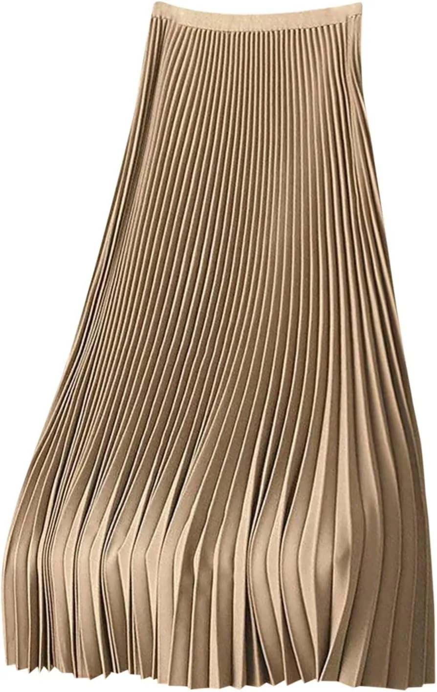 Women Satin Pleated Midi Skirts Elastic High Waisted Plus Size Boho Skirt Elegant Stretch A Line Long Dress