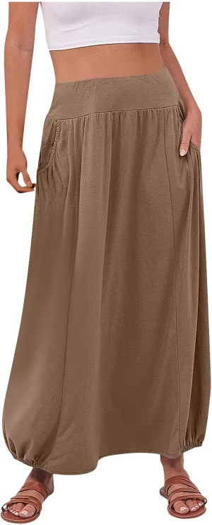 Women Summer Long Maxi Skirts Elastic High Waisted Ankle Length Boho Skirt 2025 Trendy Vacation Dress with Pockets