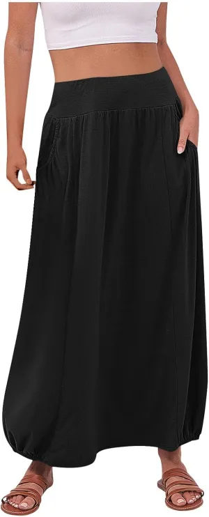 Women Summer Long Maxi Skirts Elastic High Waisted Ankle Length Boho Skirt 2025 Trendy Vacation Dress with Pockets