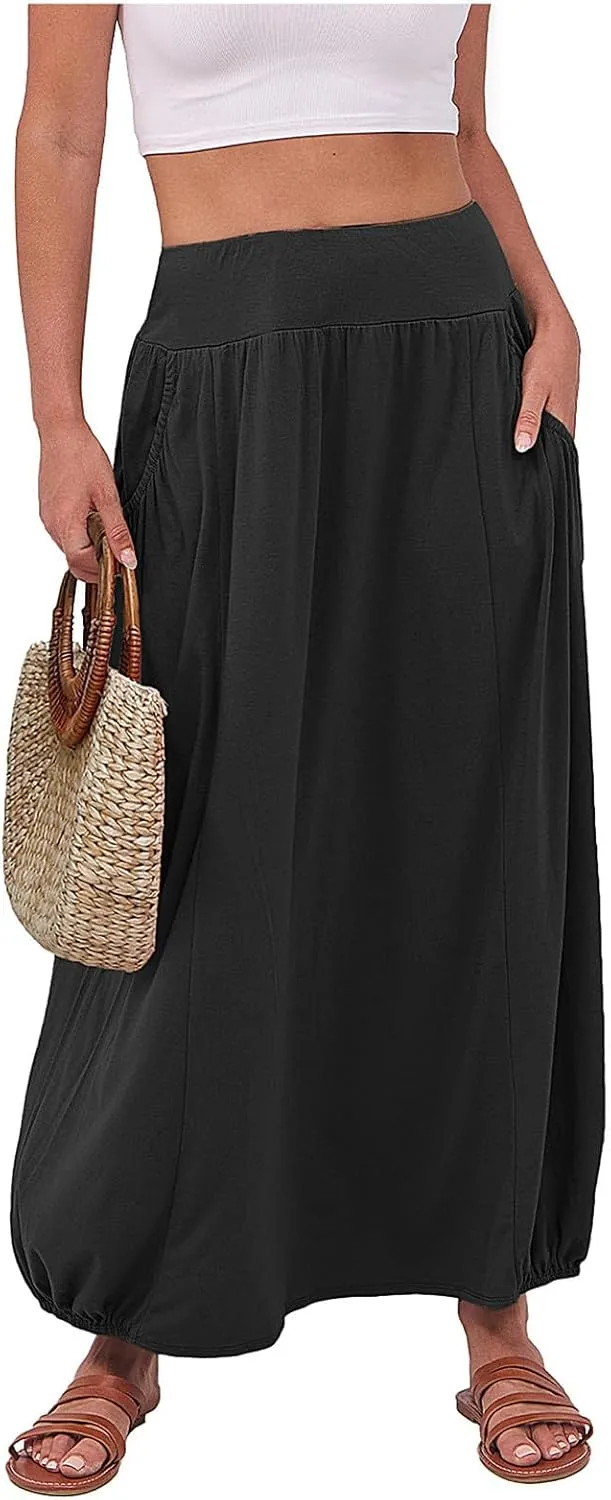Women Summer Long Maxi Skirts Elastic High Waisted Ankle Length Boho Skirt 2025 Trendy Vacation Dress with Pockets