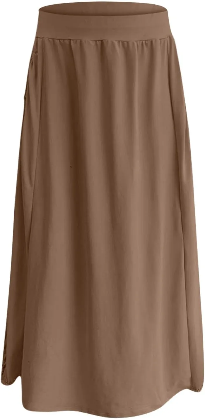 Women Summer Long Maxi Skirts Elastic High Waisted Ankle Length Boho Skirt 2025 Trendy Vacation Dress with Pockets