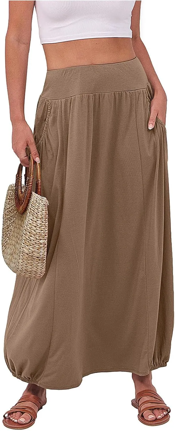 Women Summer Long Maxi Skirts Elastic High Waisted Ankle Length Boho Skirt 2025 Trendy Vacation Dress with Pockets