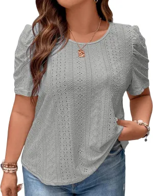 Women Tops Plus Size Short Sleeve T Shirt Eyelet Embroidery Oversized Trendy Tops Clothes Summer,Grey,4XL