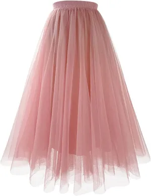 Women Tutu Knee Length Skirts High Waisted Stretch Plus Size Tulle Party Maxi Skirt Layered Pleated Summer Dress