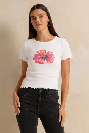 Women White Embellished Rib T-Shirt