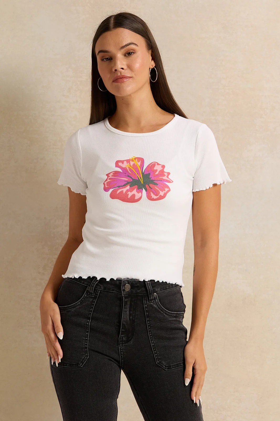Women White Embellished Rib T-Shirt