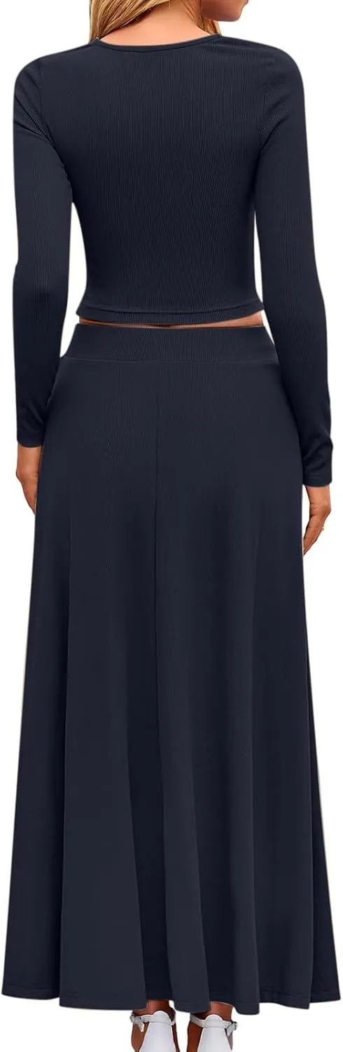 Women's 2 Piece Outfits Dressy Casual Ribbed Knit Short Sleeve Crop Tops Maxi Flowy Skirts Matching Sets