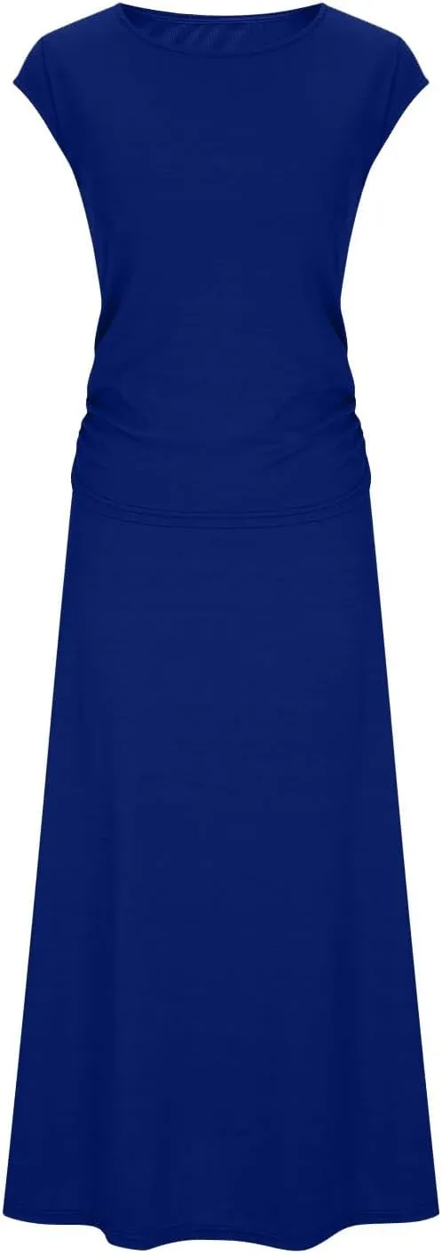 Women's 2 Piece Outfits Dressy Casual Ribbed Knit Short Sleeve Crop Tops Maxi Flowy Skirts Matching Sets