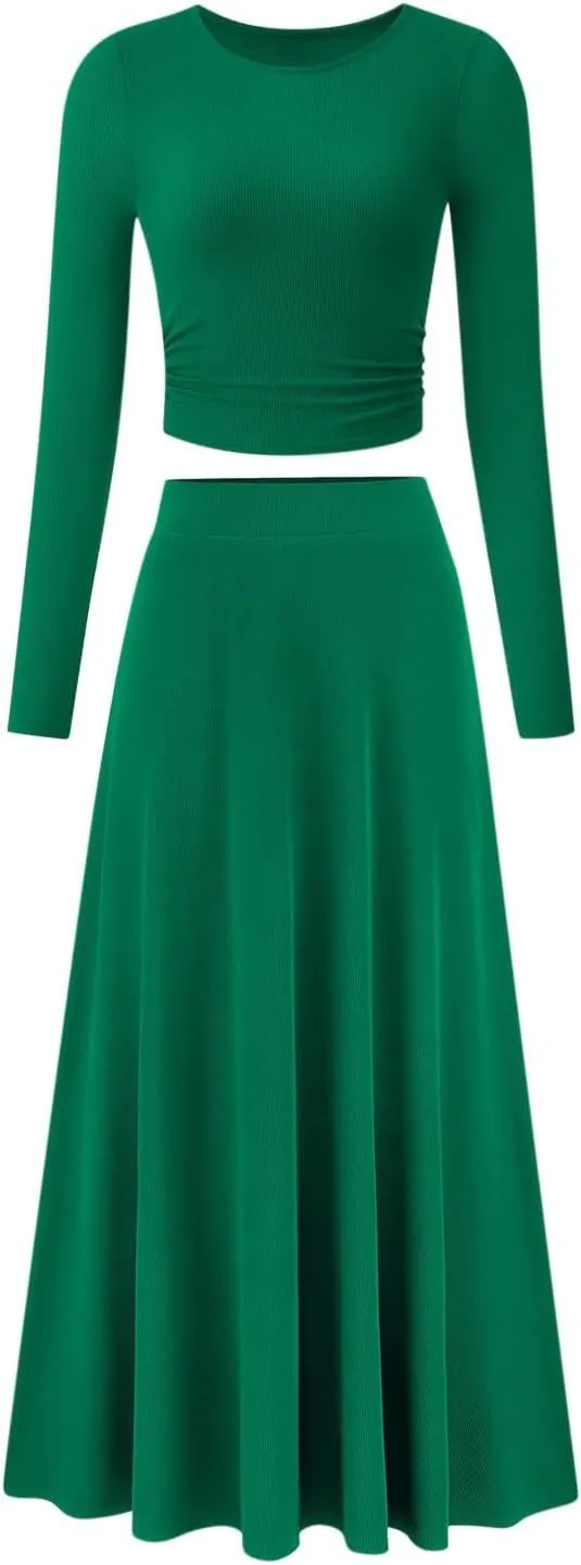 Women's 2 Piece Outfits Dressy Casual Ribbed Knit Short Sleeve Crop Tops Maxi Flowy Skirts Matching Sets