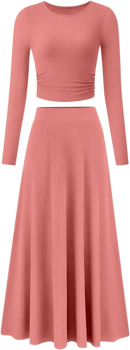 Women's 2 Piece Outfits Dressy Casual Ribbed Knit Short Sleeve Crop Tops Maxi Flowy Skirts Matching Sets