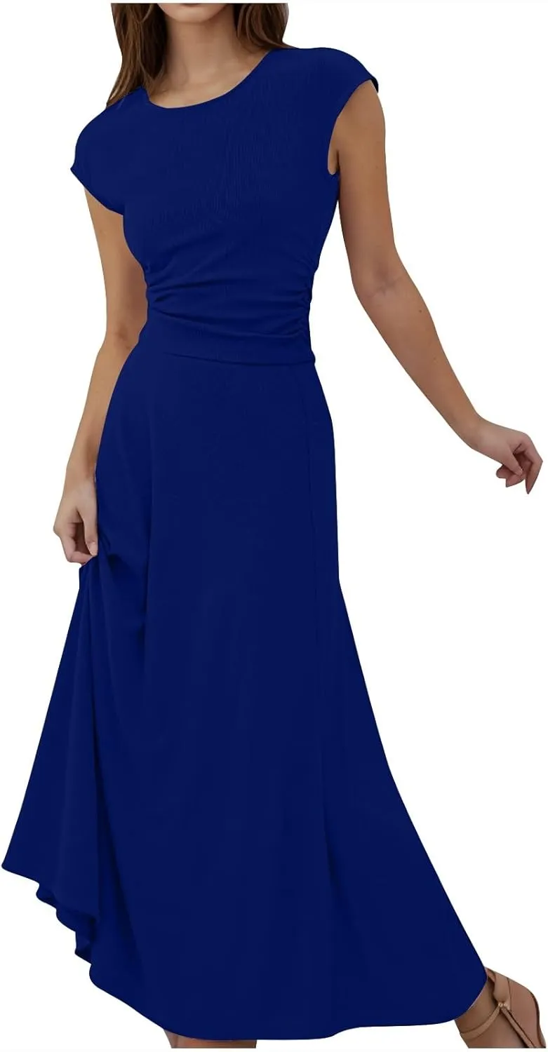 Women's 2 Piece Outfits Dressy Casual Ribbed Knit Short Sleeve Crop Tops Maxi Flowy Skirts Matching Sets