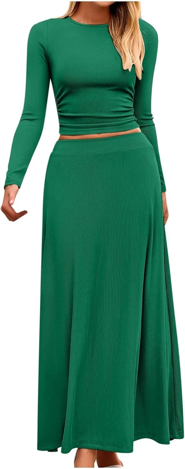 Women's 2 Piece Outfits Dressy Casual Ribbed Knit Short Sleeve Crop Tops Maxi Flowy Skirts Matching Sets