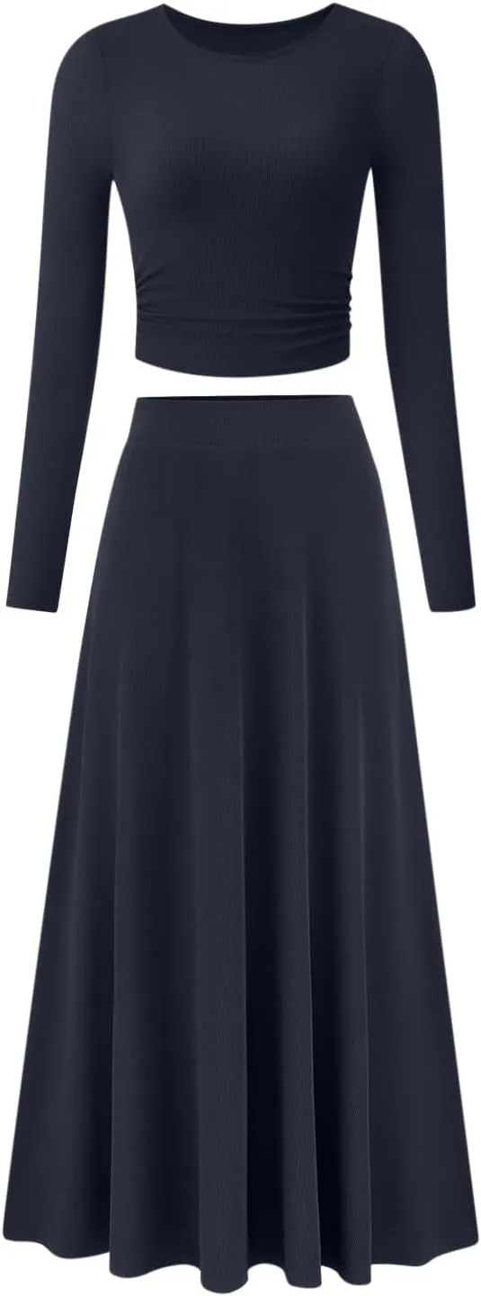 Women's 2 Piece Outfits Dressy Casual Ribbed Knit Short Sleeve Crop Tops Maxi Flowy Skirts Matching Sets