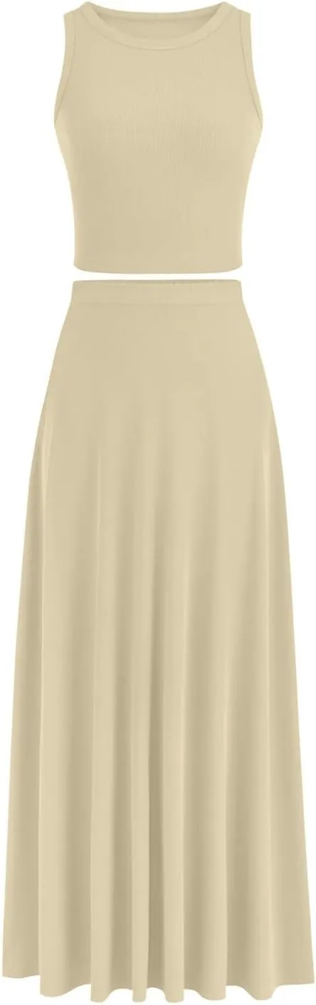 Women's 2 Piece Outfits Dressy Casual Ribbed Knit Short Sleeve Crop Tops Maxi Flowy Skirts Matching Sets