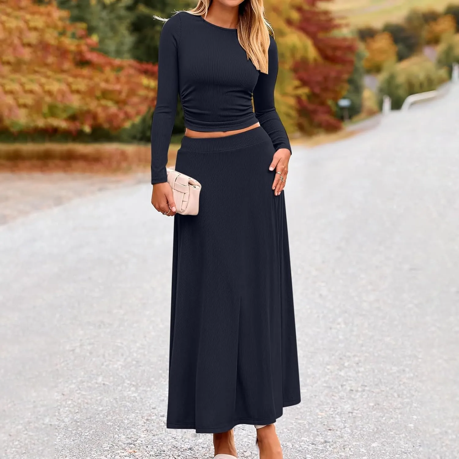 Women's 2 Piece Outfits Dressy Casual Ribbed Knit Short Sleeve Crop Tops Maxi Flowy Skirts Matching Sets