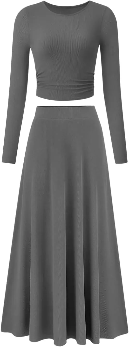 Women's 2 Piece Outfits Dressy Casual Ribbed Knit Short Sleeve Crop Tops Maxi Flowy Skirts Matching Sets