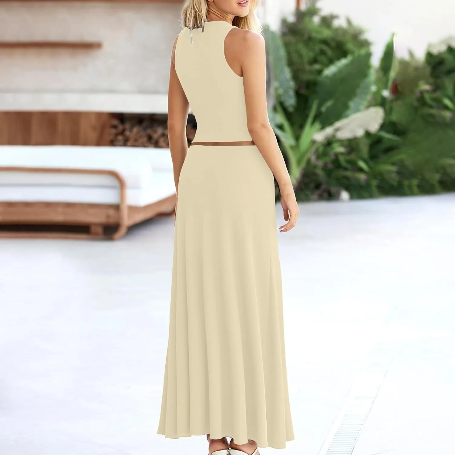 Women's 2 Piece Outfits Dressy Casual Ribbed Knit Short Sleeve Crop Tops Maxi Flowy Skirts Matching Sets
