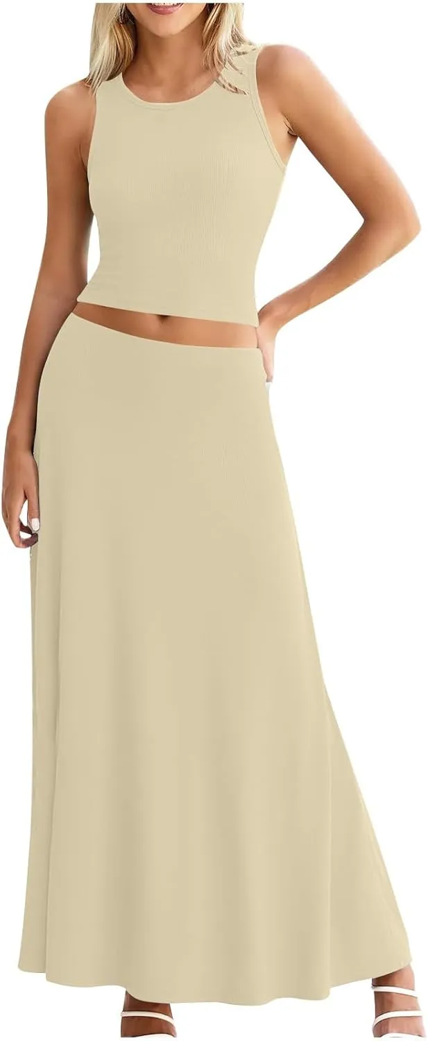 Women's 2 Piece Outfits Dressy Casual Ribbed Knit Short Sleeve Crop Tops Maxi Flowy Skirts Matching Sets