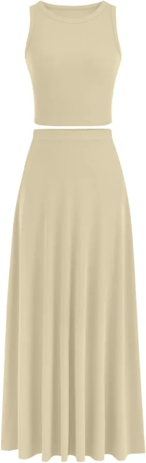 Women's 2 Piece Outfits Dressy Casual Ribbed Knit Short Sleeve Crop Tops Maxi Flowy Skirts Matching Sets