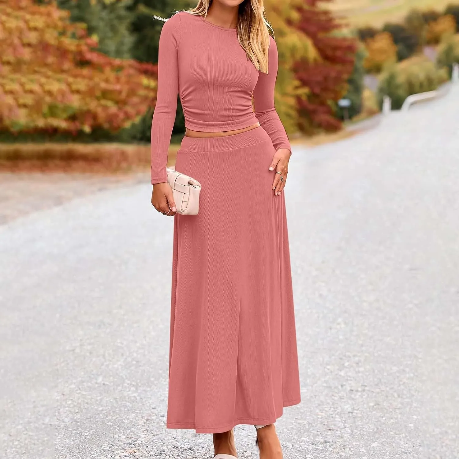 Women's 2 Piece Outfits Dressy Casual Ribbed Knit Short Sleeve Crop Tops Maxi Flowy Skirts Matching Sets