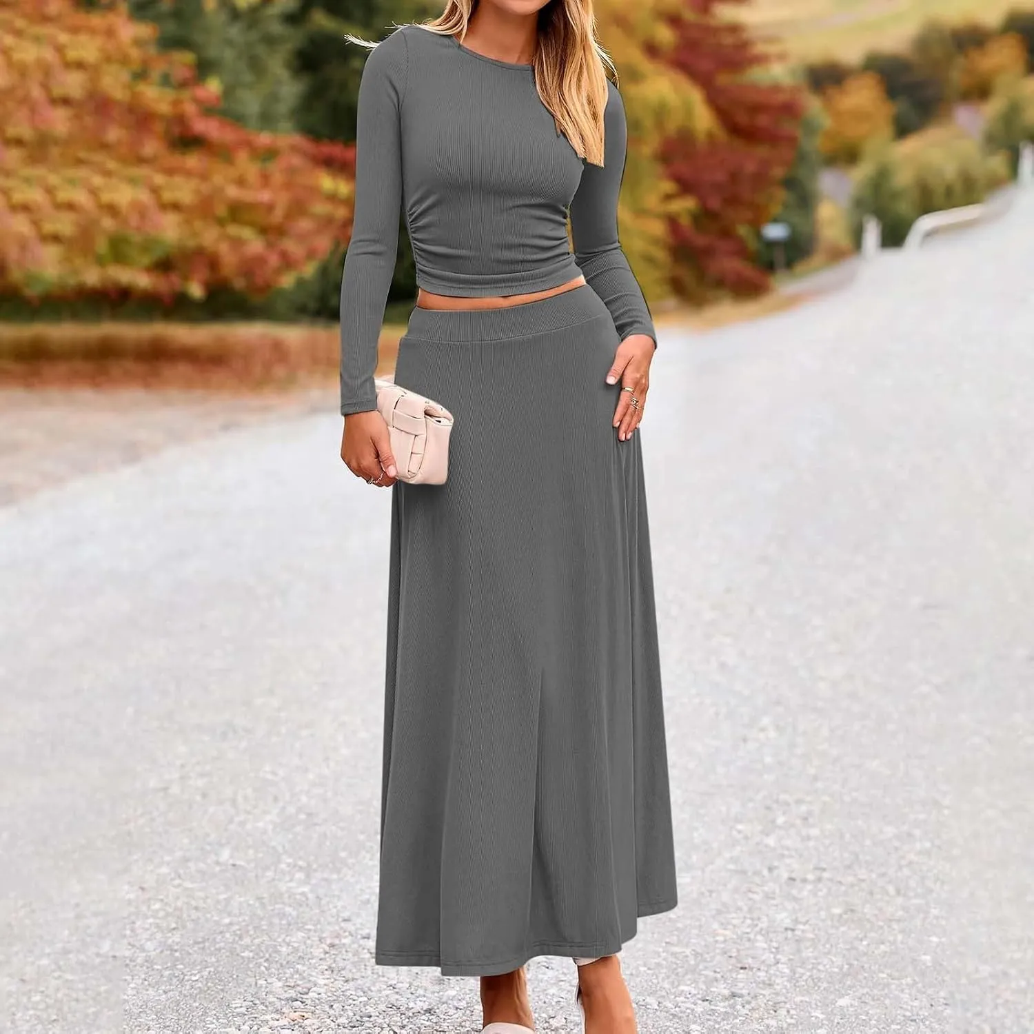 Women's 2 Piece Outfits Dressy Casual Ribbed Knit Short Sleeve Crop Tops Maxi Flowy Skirts Matching Sets