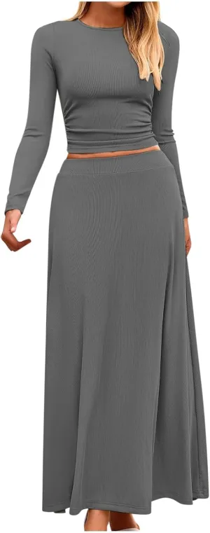 Women's 2 Piece Outfits Dressy Casual Ribbed Knit Short Sleeve Crop Tops Maxi Flowy Skirts Matching Sets