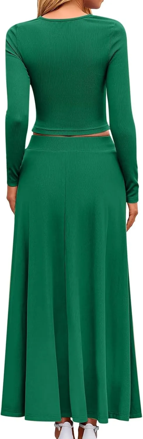 Women's 2 Piece Outfits Dressy Casual Ribbed Knit Short Sleeve Crop Tops Maxi Flowy Skirts Matching Sets