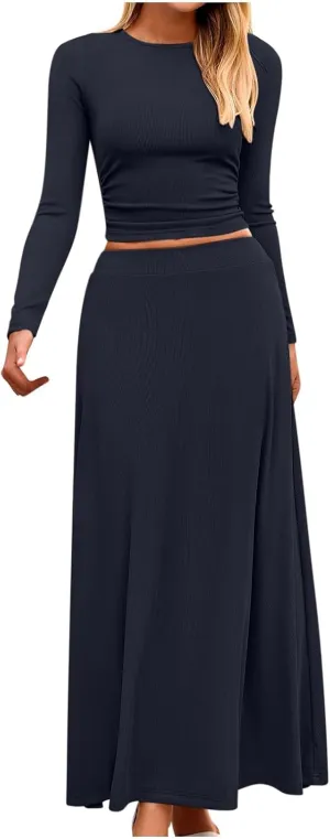Women's 2 Piece Outfits Dressy Casual Ribbed Knit Short Sleeve Crop Tops Maxi Flowy Skirts Matching Sets