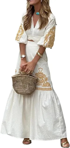 Women's 2 Piece Set 2025 Embroidered Stylish V Neck Top and Flowy Maxi Dress for Summer Outfits