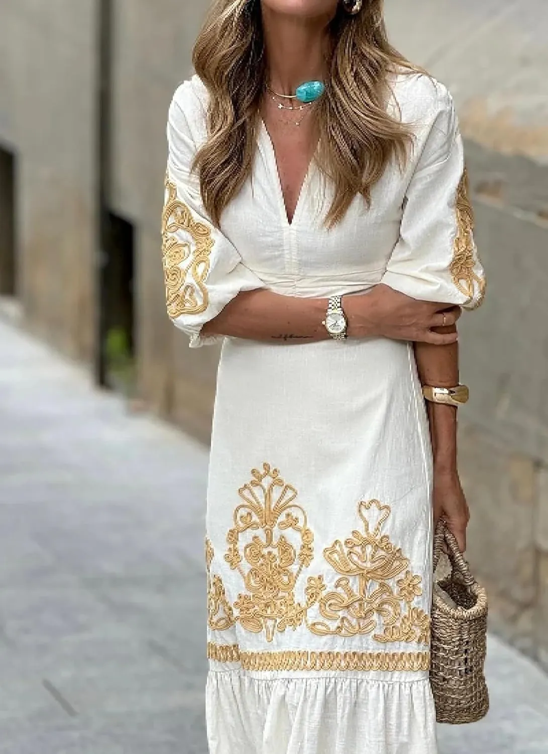 Women's 2 Piece Set 2025 Embroidered Stylish V Neck Top and Flowy Maxi Dress for Summer Outfits