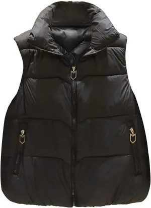 Womens 2024 Fall/Winter Puffer Vest Padded Cold Proof Quilted Jackets Full Zip Warm Down Vest with Zip Pockets