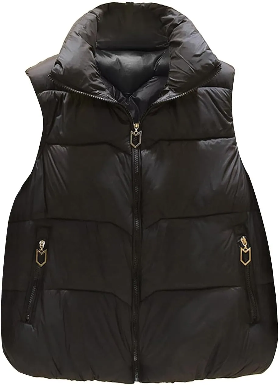 Womens 2024 Fall/Winter Puffer Vest Padded Cold Proof Quilted Jackets Full Zip Warm Down Vest with Zip Pockets