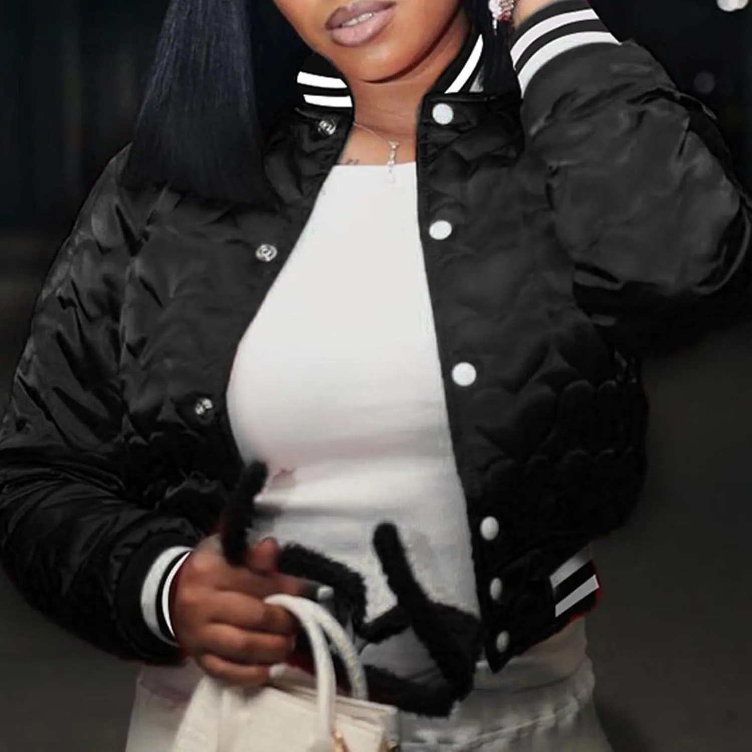 Women's Baseball Varsity Jacket Cropped Bomber Quilted Jackets Vintage Casual Lightweight Crop Top Coat