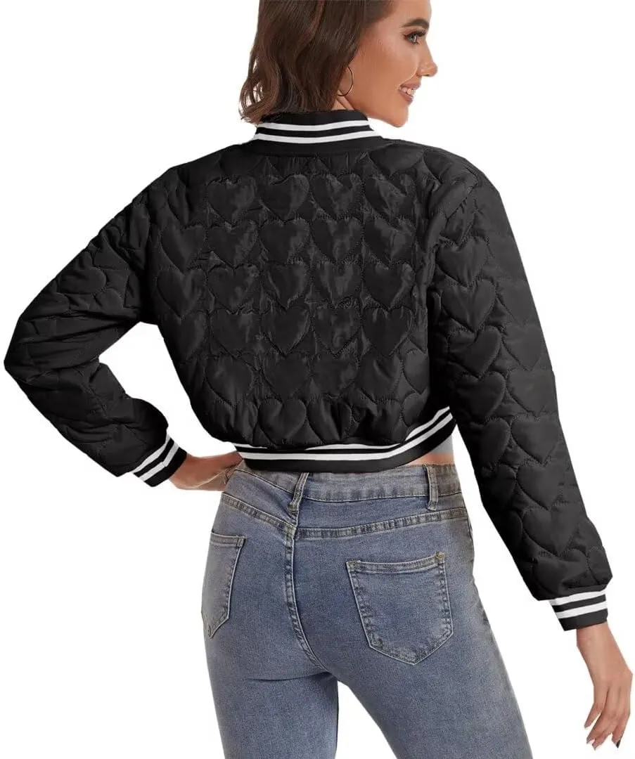 Women's Baseball Varsity Jacket Cropped Bomber Quilted Jackets Vintage Casual Lightweight Crop Top Coat