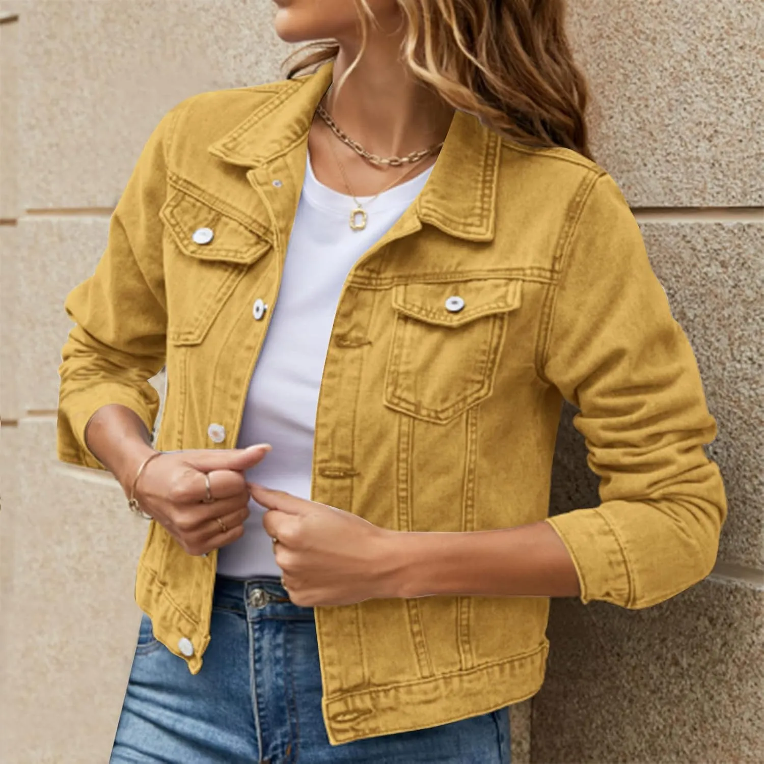 Women's Basic Solid Color Button Down Denim With Pockets Denim Coat Little Denim Jacket