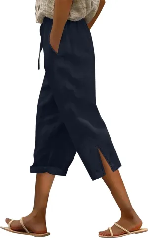 Womens Capris Casual High Waist Drawstring Split Hem Linen Pants 2025 Summer Plus Size Cropped Trousers