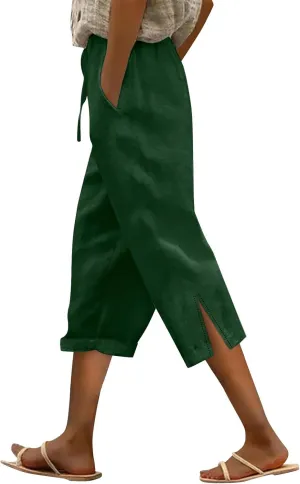 Womens Capris Casual High Waist Drawstring Split Hem Linen Pants 2025 Summer Plus Size Cropped Trousers