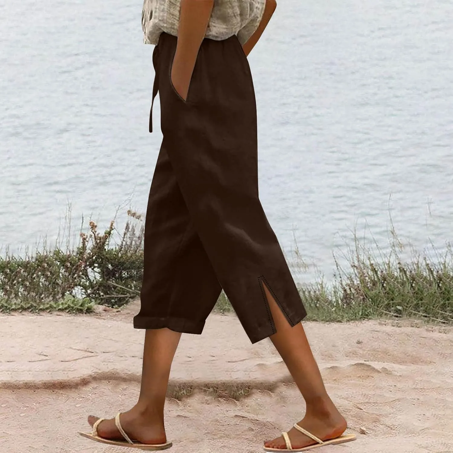 Womens Capris Casual High Waist Drawstring Split Hem Linen Pants 2025 Summer Plus Size Cropped Trousers