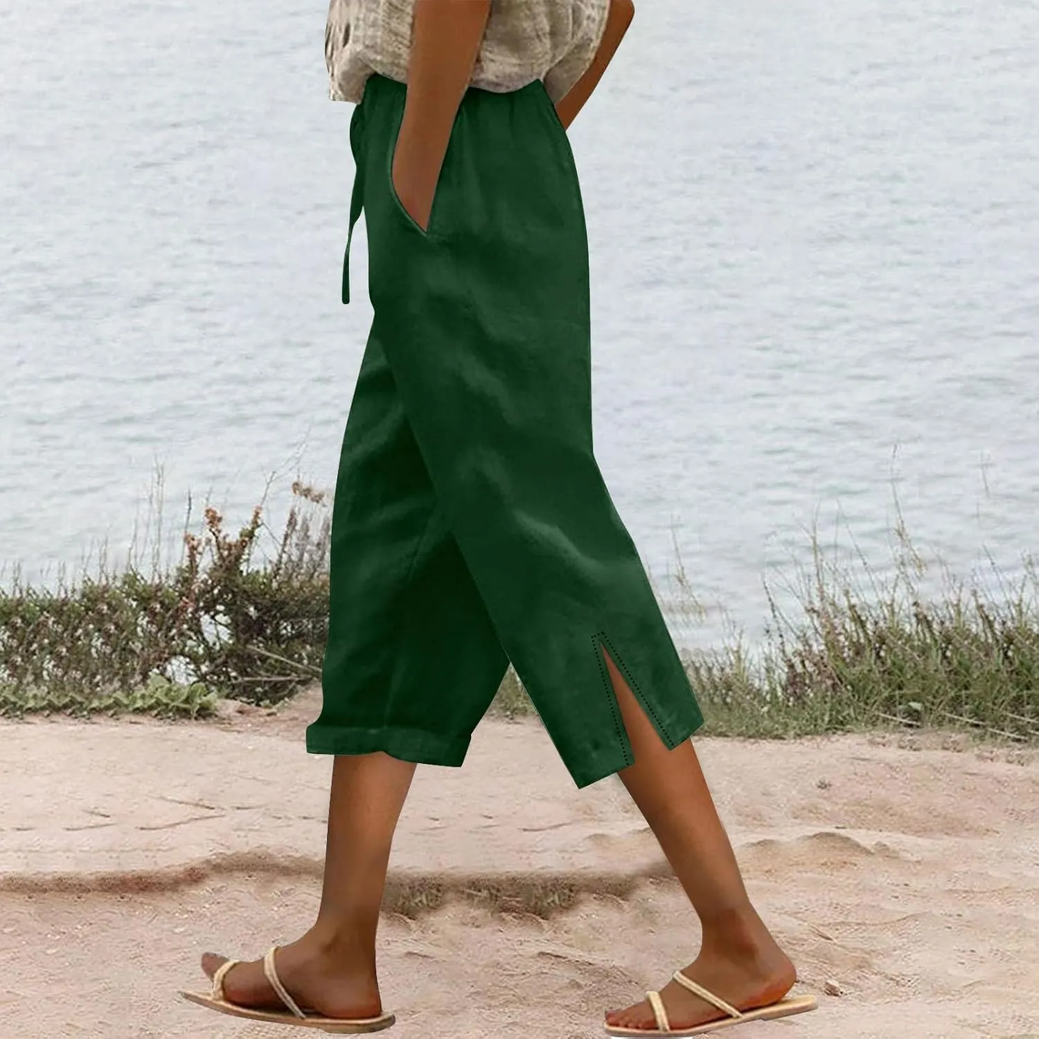 Womens Capris Casual High Waist Drawstring Split Hem Linen Pants 2025 Summer Plus Size Cropped Trousers