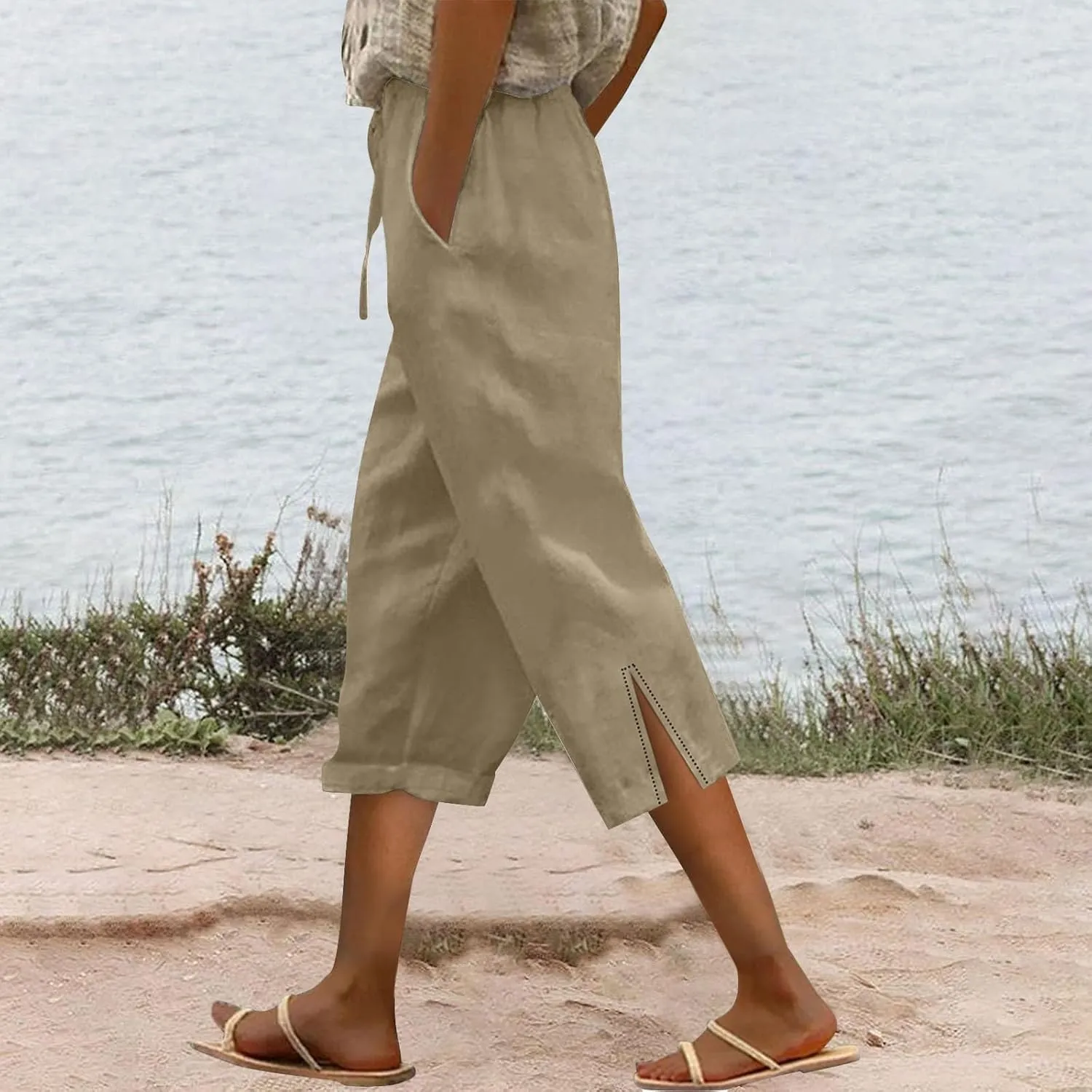 Womens Capris Casual High Waist Drawstring Split Hem Linen Pants 2025 Summer Plus Size Cropped Trousers