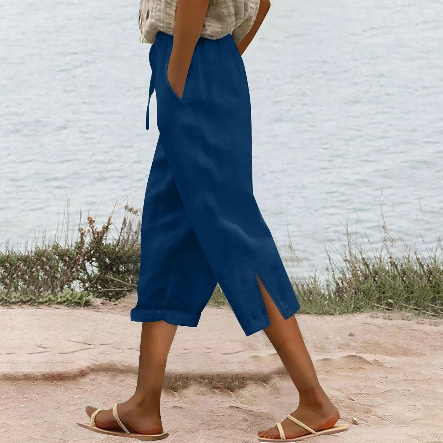 Womens Capris Casual High Waist Drawstring Split Hem Linen Pants 2025 Summer Plus Size Cropped Trousers