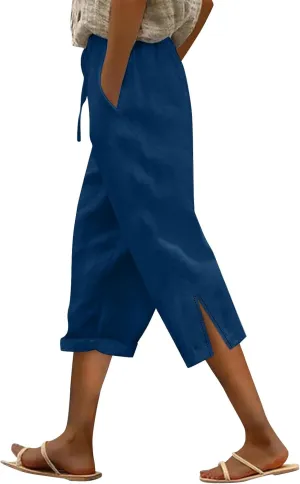 Womens Capris Casual High Waist Drawstring Split Hem Linen Pants 2025 Summer Plus Size Cropped Trousers