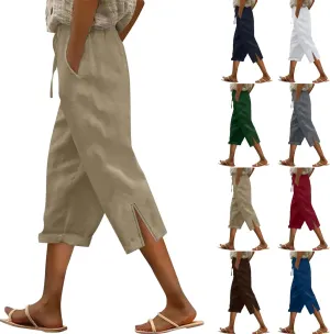 Womens Capris Casual High Waist Drawstring Split Hem Linen Pants 2025 Summer Plus Size Cropped Trousers