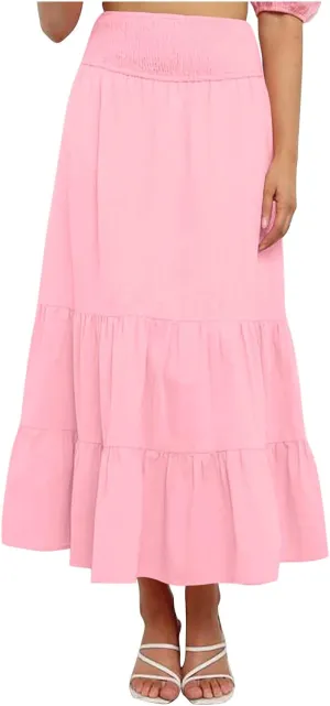 Women's Casual Boho Ankle Length Skirt Flowy High Waisted Tiered Ruched Maxi Skirts 2025 Trendy Summer Beach Dress
