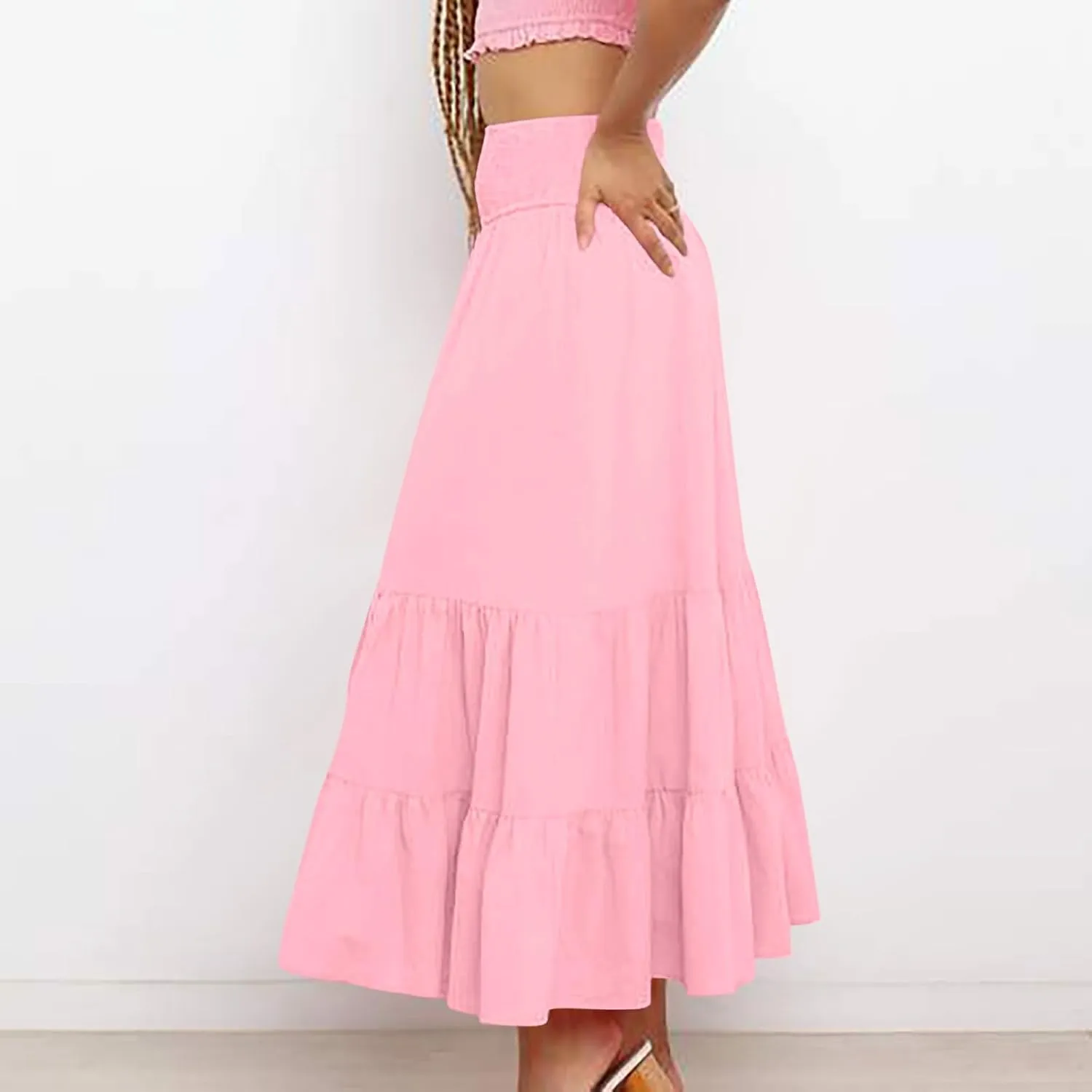 Women's Casual Boho Ankle Length Skirt Flowy High Waisted Tiered Ruched Maxi Skirts 2025 Trendy Summer Beach Dress